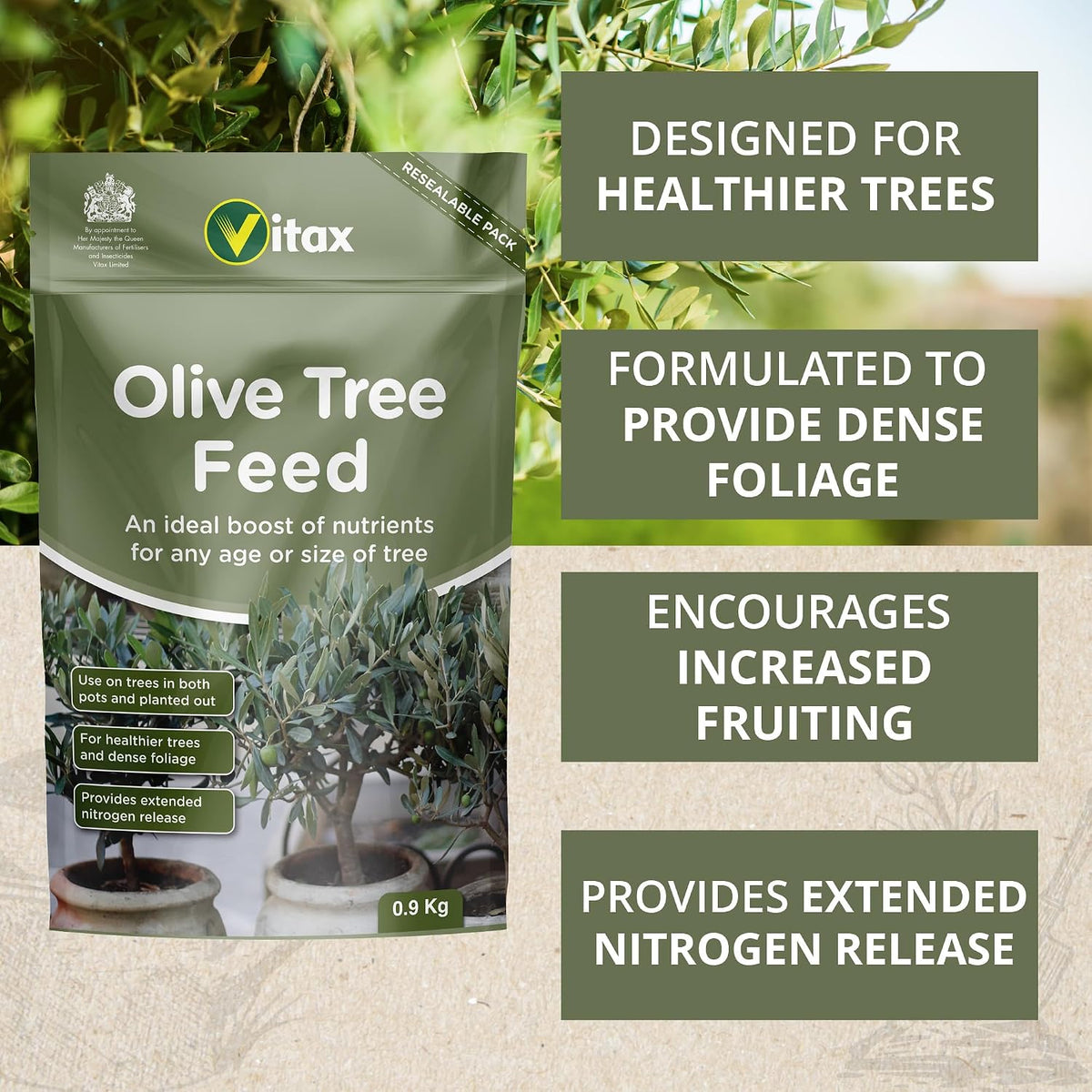 Vitax Olive Tree Fertiliser 0.9kg Garden Shrub & Hedge Fertiliser Slow Release Root Feed Growth Stimulant for All Season