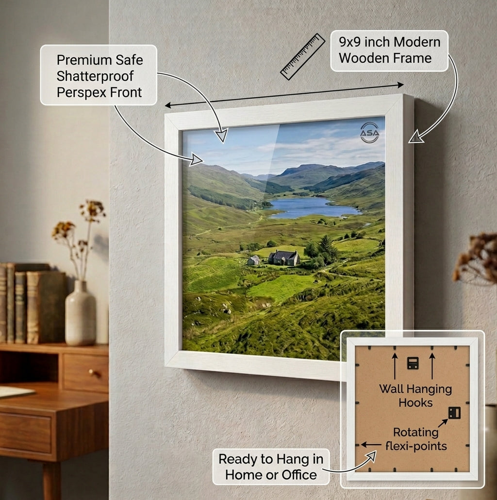 9x9 Inch Modern Picture Frame – Perspex Front & Wall Hanging – Black & White