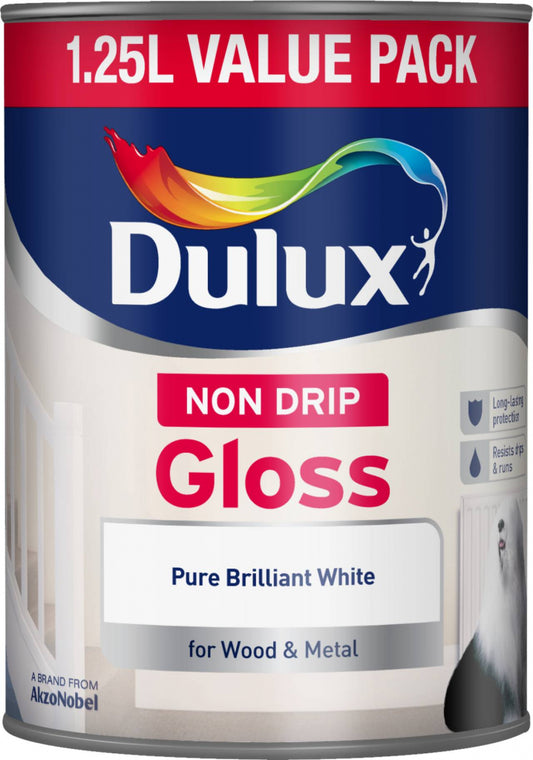 Dulux Non Drip Gloss 1.25L – Pure Brilliant White High Gloss Paint
