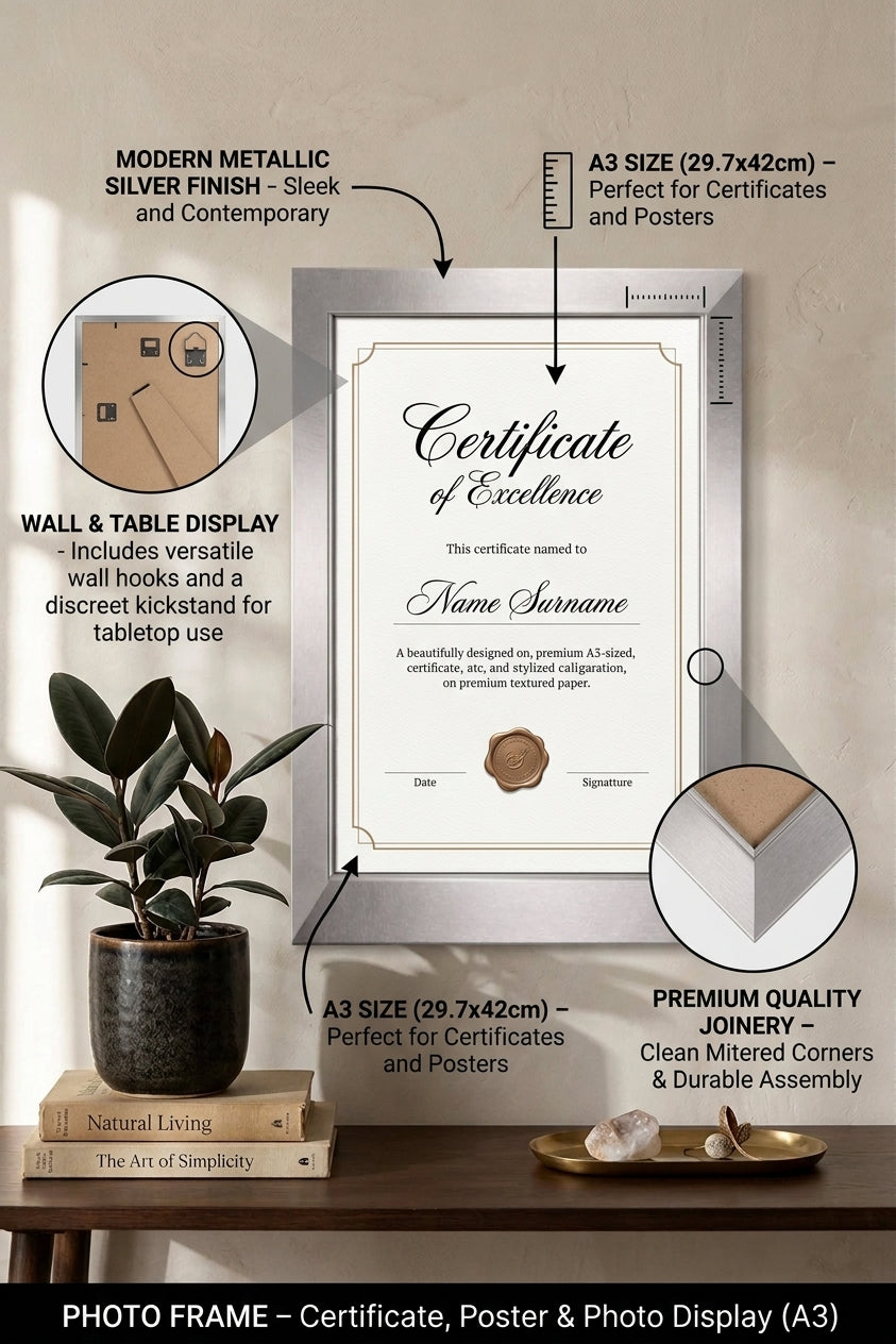 A3 Picture Frame 30x42cm – MDF Wooden Photo Frame for Posters & Certificates – Black, Silver & White