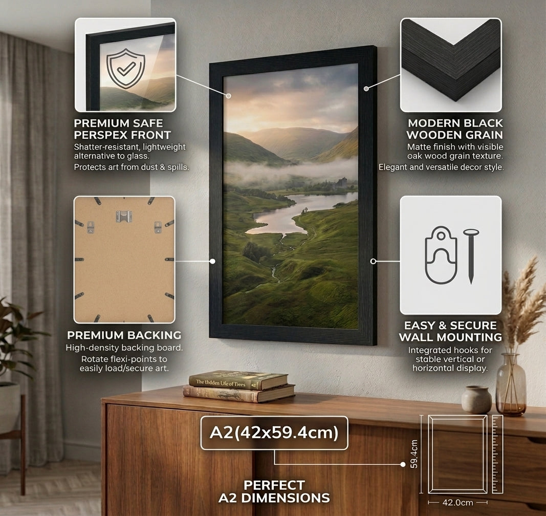 A2 Picture Frame 42x59.4cm – Modern Wooden Frame with Perspex Front – Black, White & Silver